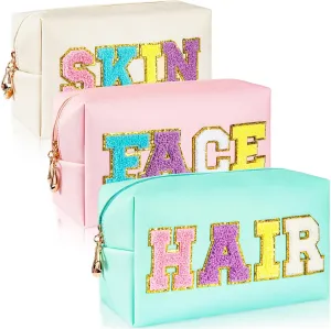 ZAUGONTW 3 Pcs Preppy Patch Makeup Bag Chenille Letter Bag, PU Leather Waterproof Toiletry Bag Hair Bag with Nylon Zipper Patches Makeup Organizer Bag Set for Women